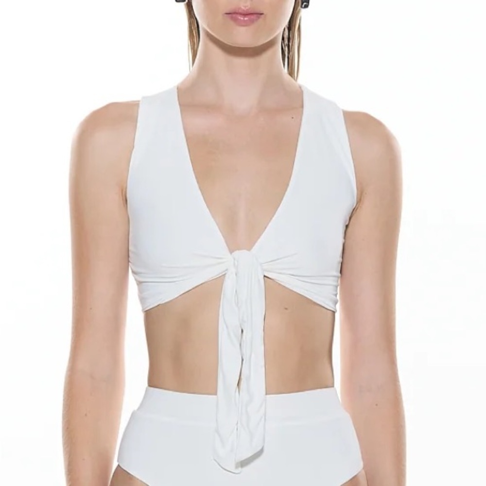 Myra Swim Ribbed Tie Front White Bikini Top | M